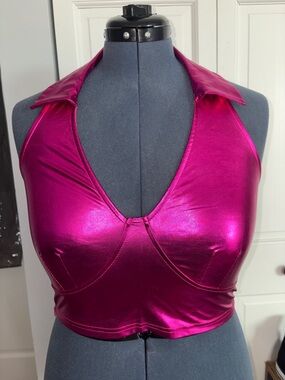 NWT Allegra K Metallic Fuchsia Halter Collar Crop Top